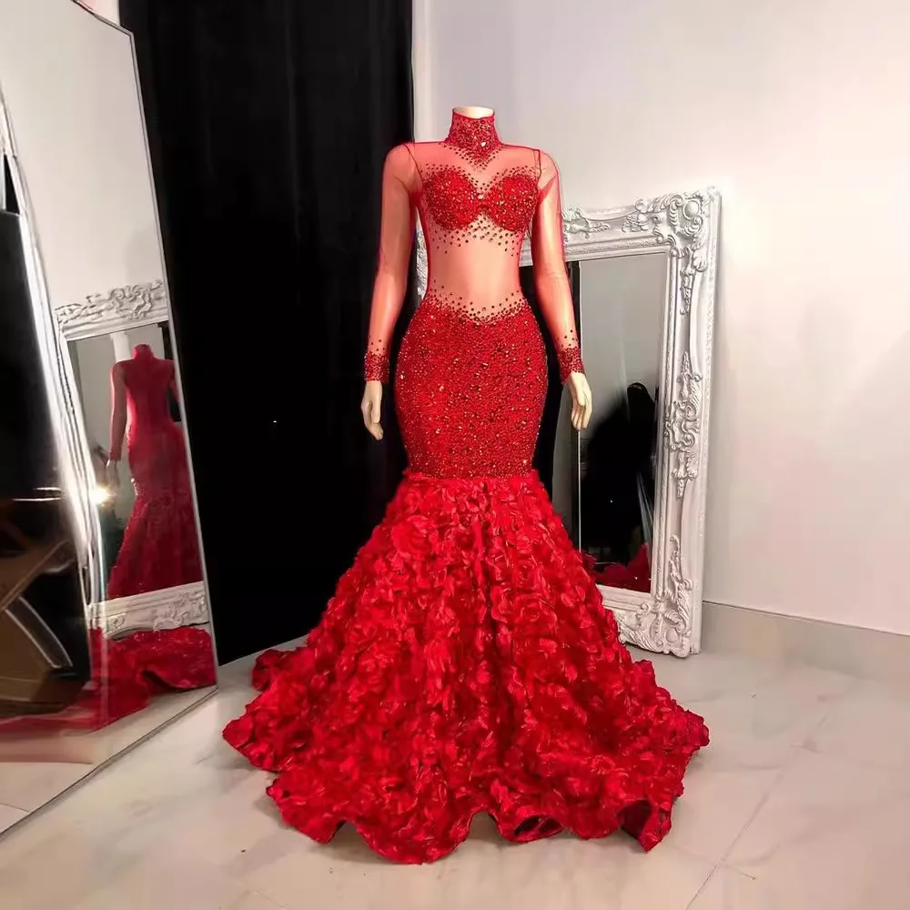 زي أحمر لامع وردة ماسية تنورة سليم صالح مثير حورية البحر خط كم طويل شفاف فستان سهرة Vestidos De Fiesta De Lujo