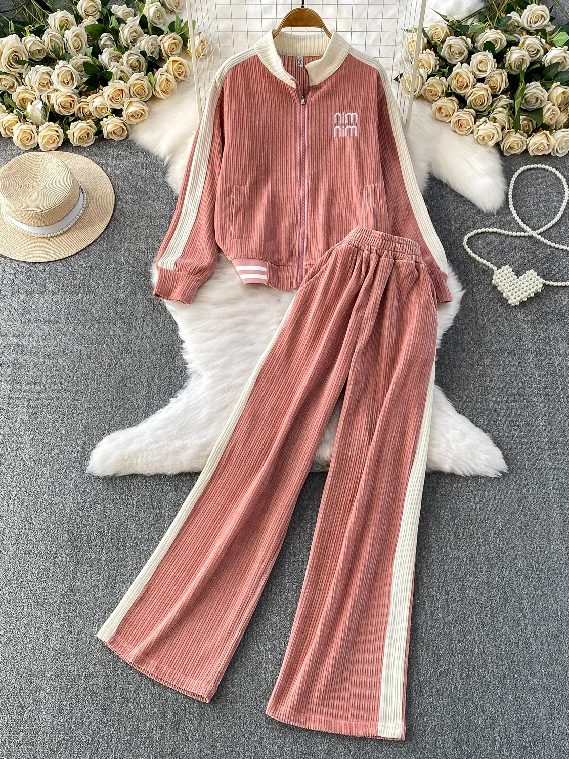 

Casual Embroidered Corduroy Letter Jacket And High Waist Pants Two Piece Set for Women Fashionable Slimming Long Pants