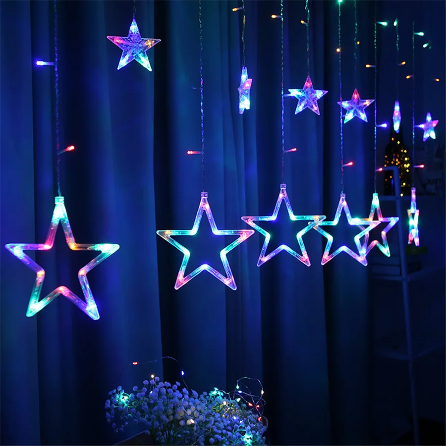 8 Modos EU Plug LED Cortina String Luzes Criativo Estrela Natal Garland Fada Luzes Ao Ar Livre para Festa de Casamento Quarto Decoração