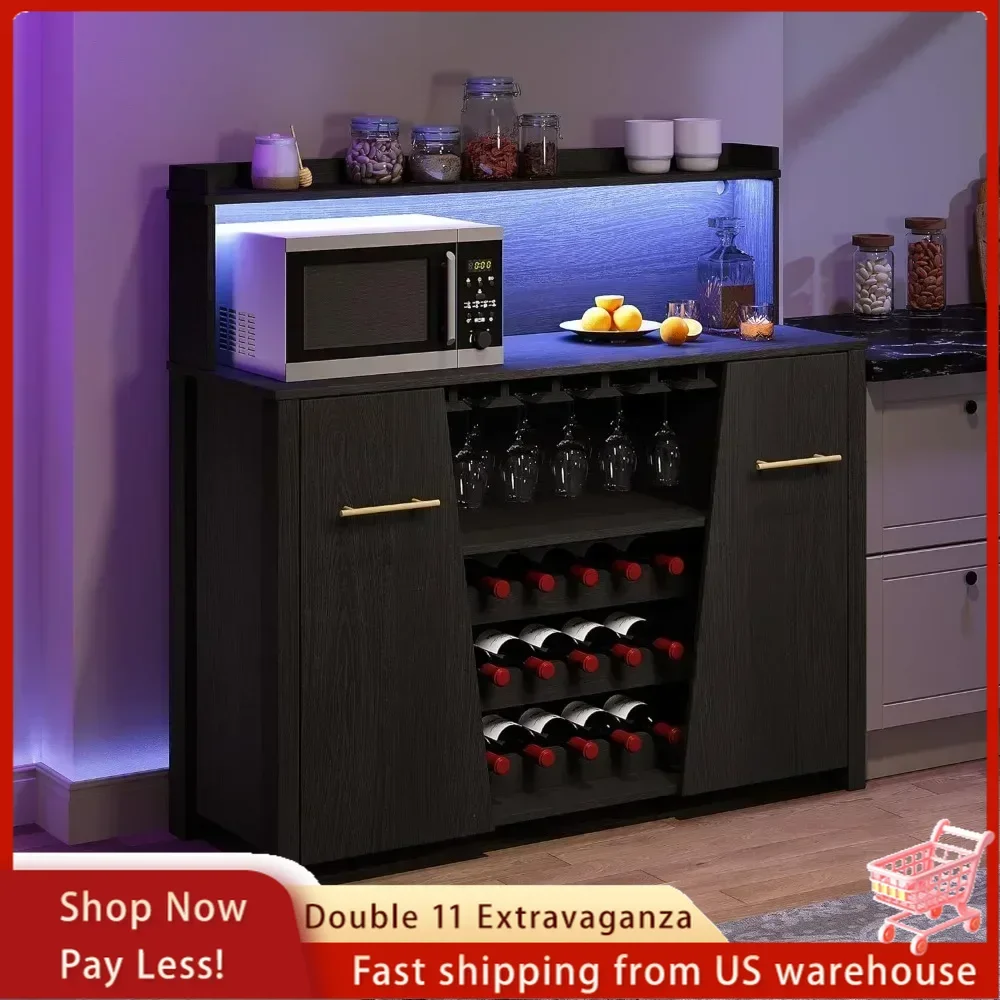 Wine Cabinets,47'' Sideboard Buffet Bar Cabinet with Wine Rack and Glass Holder, Adjustable Shelf, Wine Cabinets with LED Light