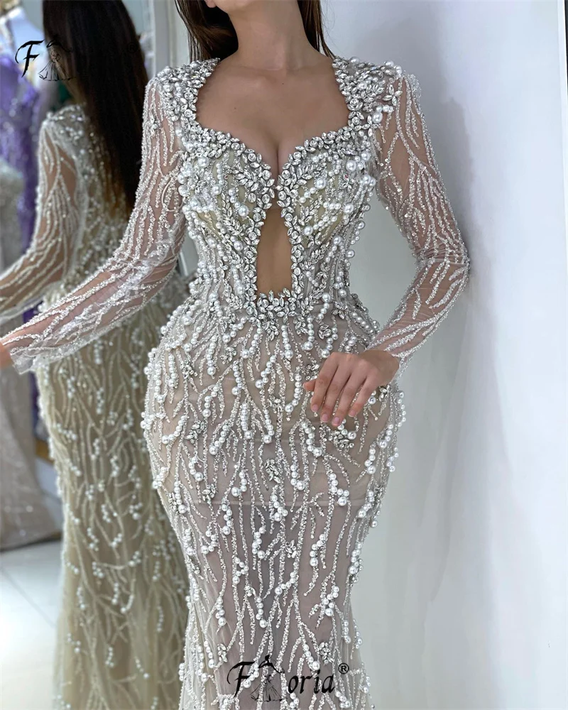 Elegant Dubai Pearls Crystals Mermaid Formal Evening Dresses Beads Arabic Prom Dress Sparkly Party Gowns 2023 Robe De Soiree