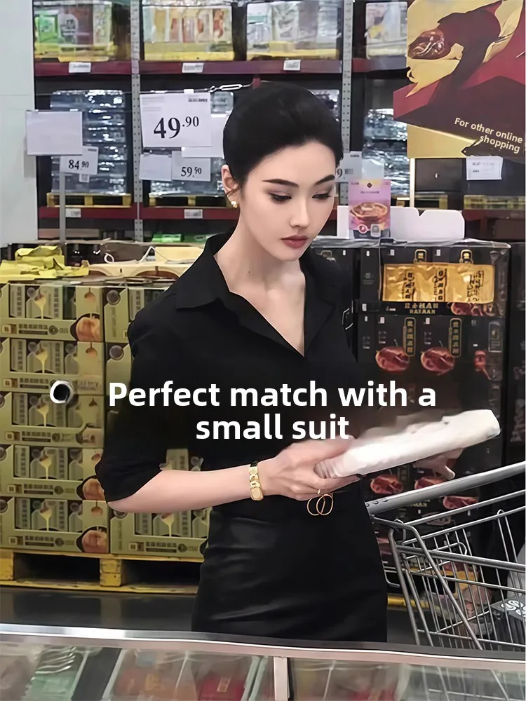

Black Shirt Women's Spring Autumn Korean Style Sexy Waist Cinching Slimming Personality Top Suit Inner Wear Base Shirt Winter