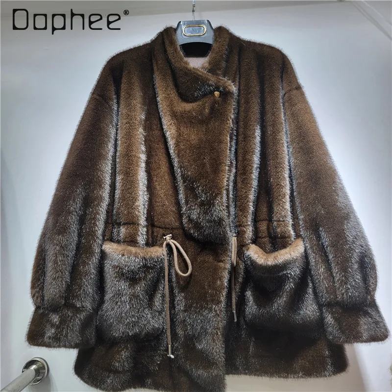 

Осень-зима 2024, новая экологически чистая шуба из искусственного меха норки, женская модная толстая плюшевая шуба с воротником-стойкой, свободная толстая шуба из искусственного меха