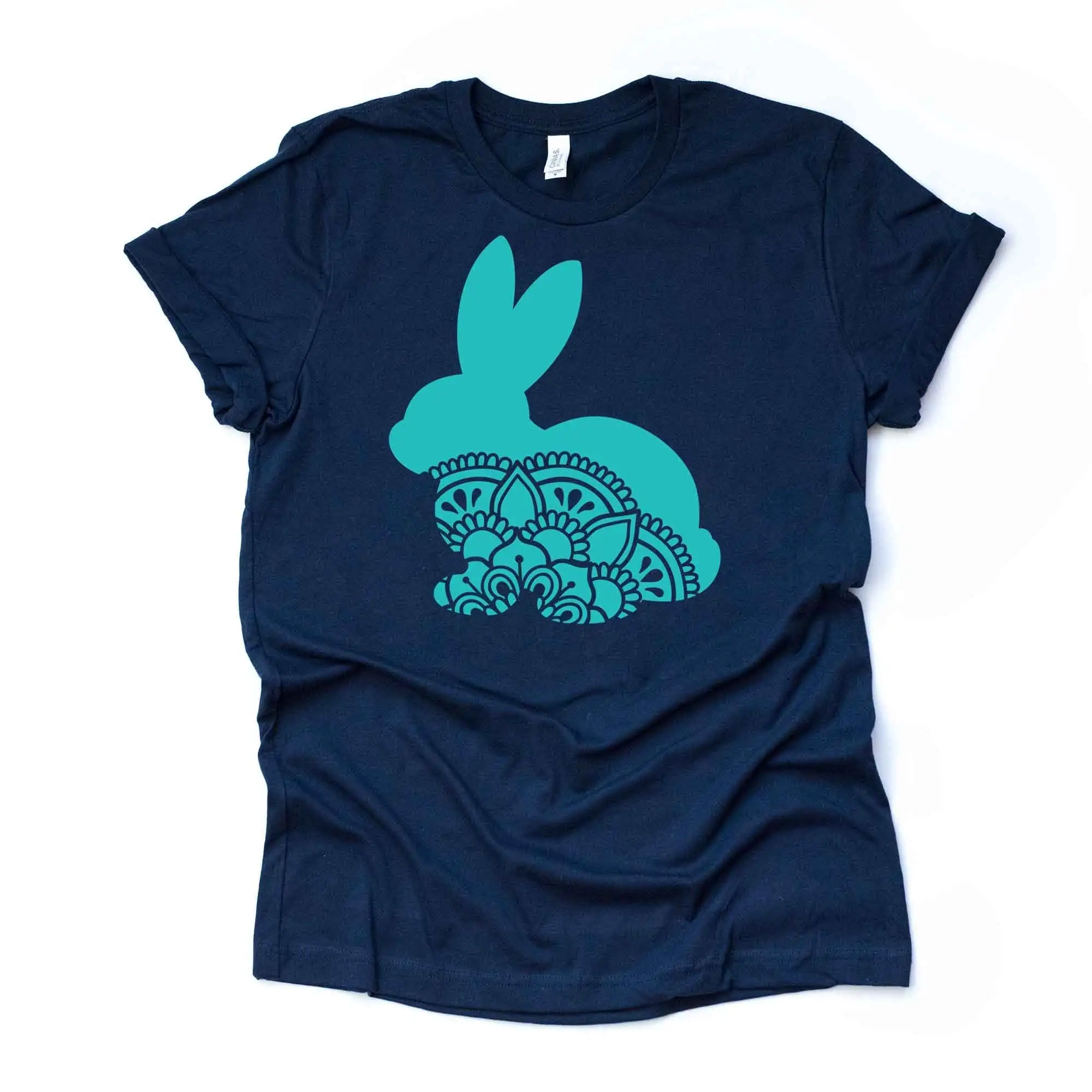 Easter Bunny T Shirt Pretty Teal Mandala Zentangle Design Premium Unisex 3 Color Choices 3X 4X Plus Size