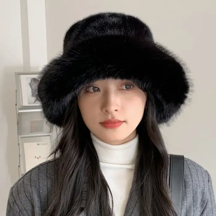 

Faux Fur Fluffy Bucket Hat for Women Winter Warm Hat Luxury Plush Hat Thicken Snow Oversized Fur Bucket Hat Soft Panama Cap