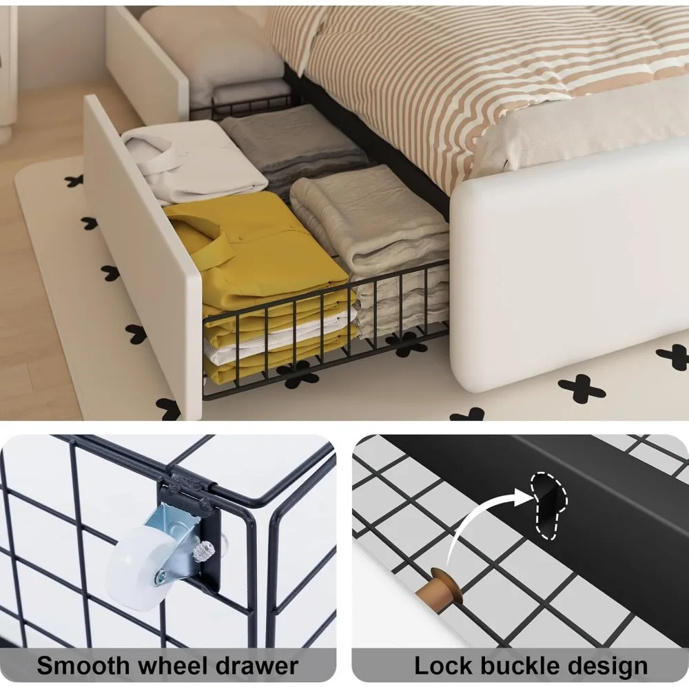 Full Size Bed Frame with Storage Drawers and Adjustable Upholstered Headboard, LED & USB Featured Platform Bed