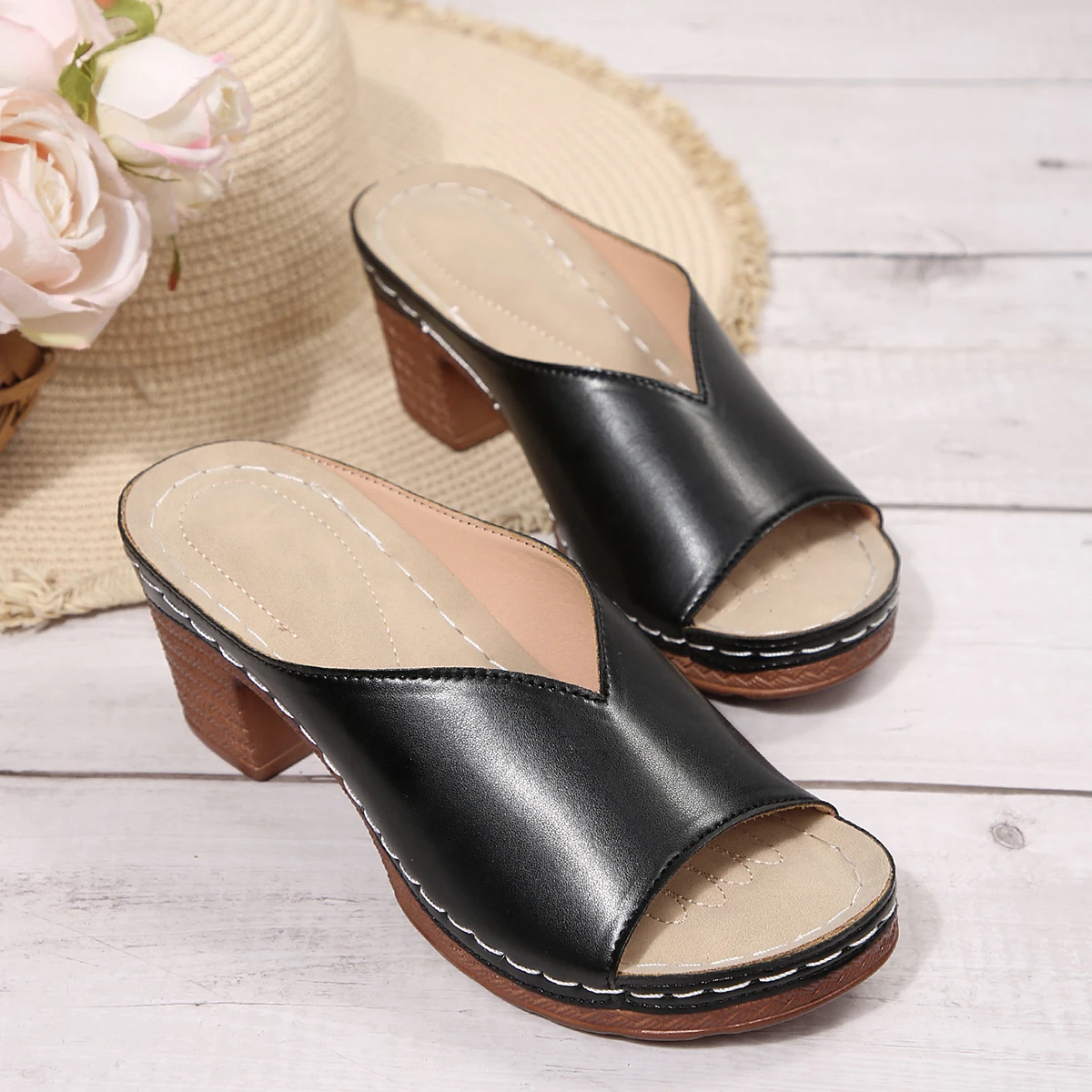 Damen Open-Toe High-Heel Pantoletten – Sommer Neuheit für Outdoor-Tragekomfort – Slip-On Schuhe in den Größen 36-43 mit Polyurethan-Obermaterial und Dämpfung – Detail 8