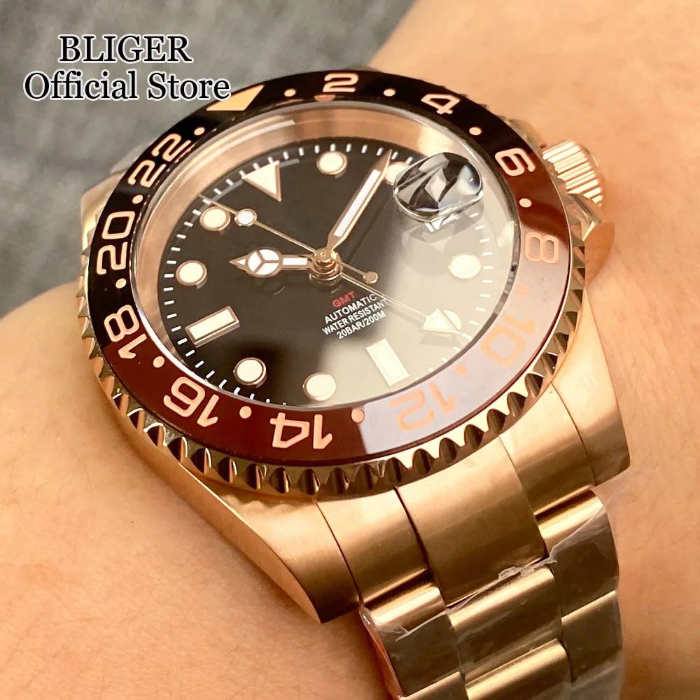 20ATM Waterproof 40mm Rose Gold NH34 GMT Automatic Watch For Men Steel Strap Ceramics Bezel Sapphire Glass Luminous