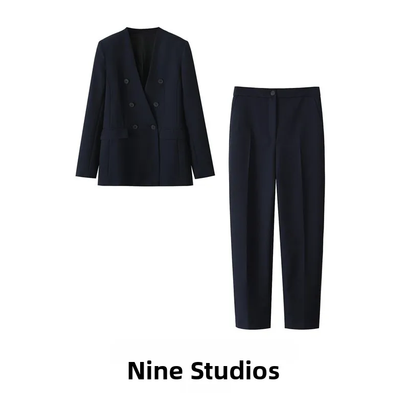 

NINE ZA Women's Suit Jaet And Straight Leg Pants Set No Collar European Sle Faionable Two-Piece Summer Outfit for Adults