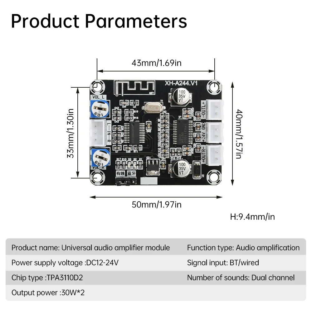 Modul Amplifier Audio Universal XH-A244, papan Amplifier Digital DC12-24V Saluran ganda 30W X 2