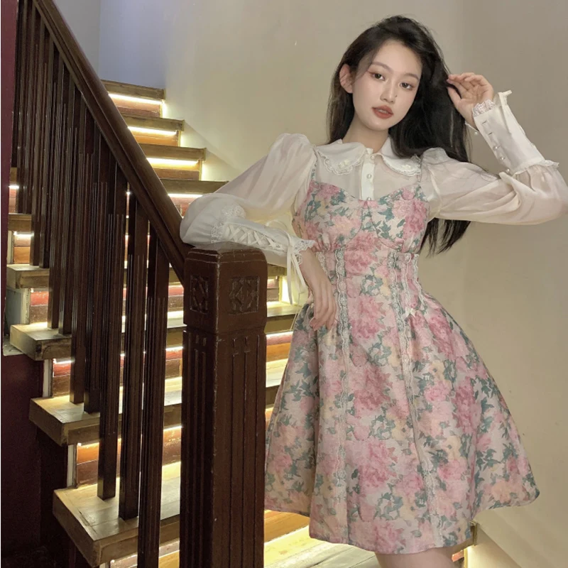

Early Spring Fashionable Women's plus Size Dress Set Long Sleeve Strapless Floral Print Slimming Waist Design Commute Style