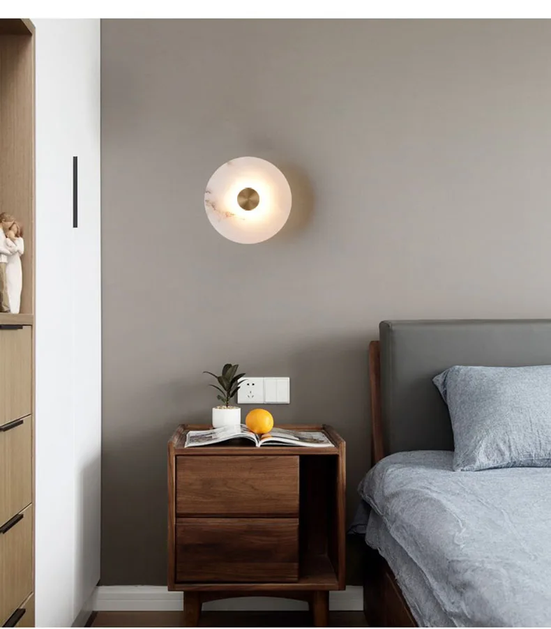 Art Deco Round LED Wall Sconce Natural Marble Brass