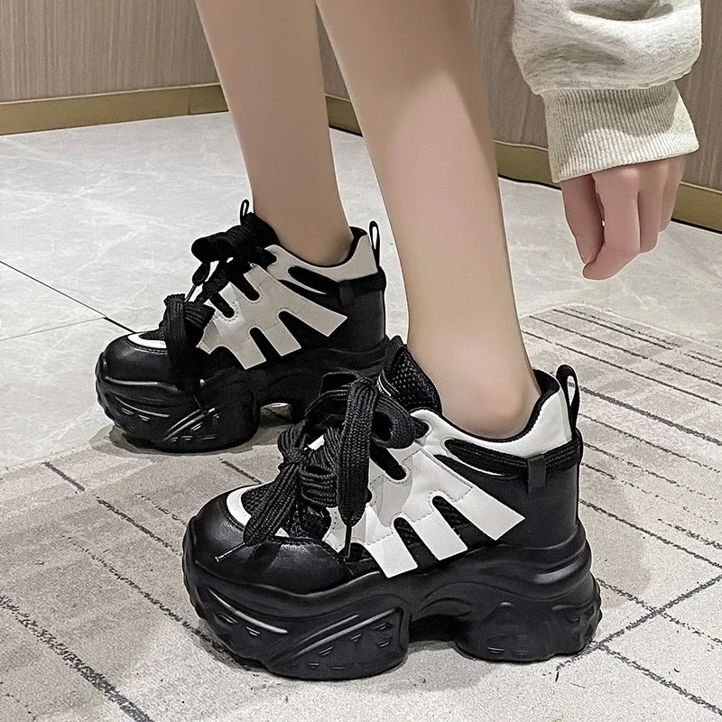 10cm mulheres malha chunky tênis outono sapatos de plataforma alta cunhas de salto alto sapatos casuais mulher respirável esportes pai tênis