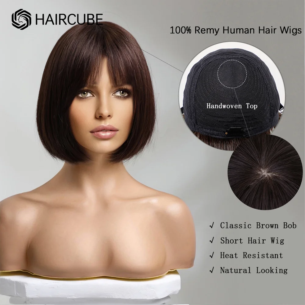 Short Straight Human Hair Wigs with Bang Dark Brown Short Bob Wigs for Woman Remy Human Hair Machine Made Wigs Heat Resistant