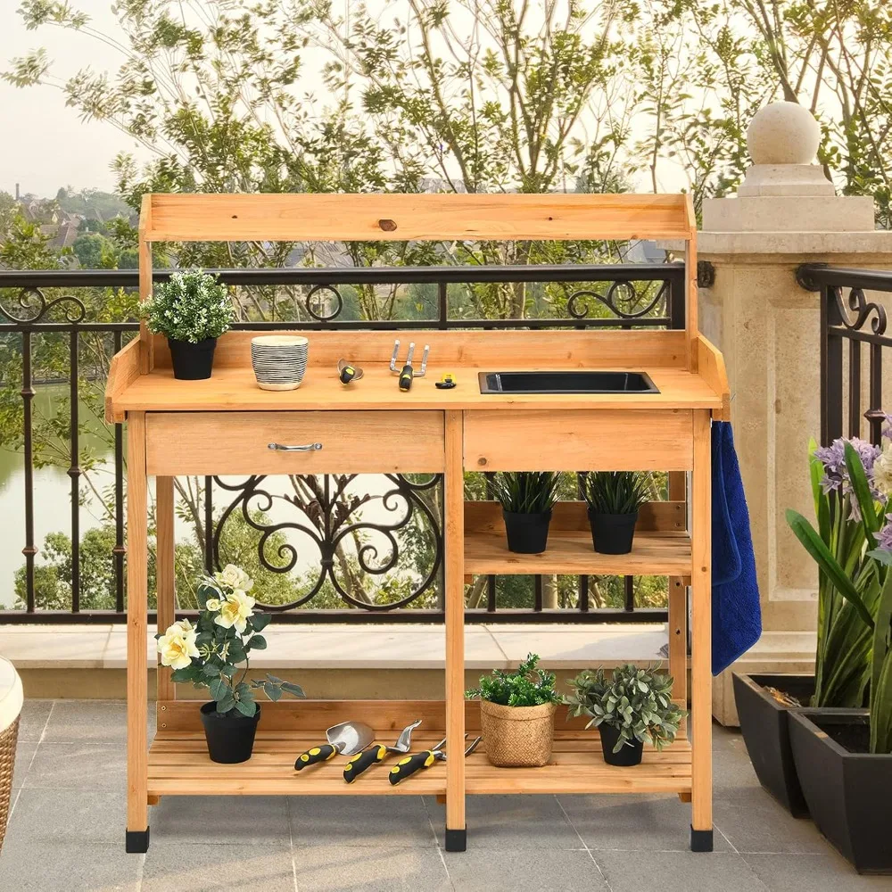 Outdoor Potting Bench, Table w/Removable Sink, Tools Drawer,  Tier Open Shelf &  Side Hooks18