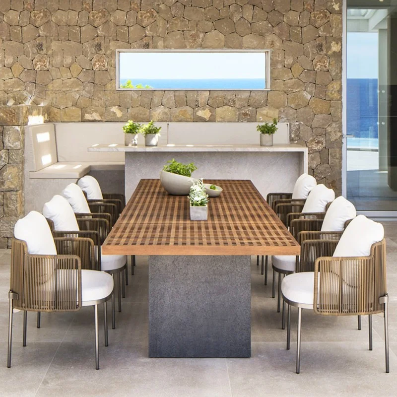 Outdoor rattan table and chair combination high-end courtyard furniture garden sofa rattan chair balcony teak long table dining