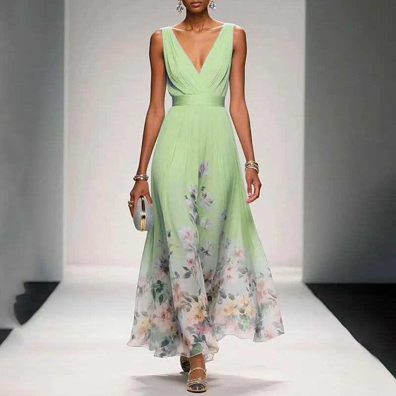 2025 nieuwe sexy v-hals a-lijn galajurken zomer dames hoge taille chiffon bedrukte jurk lente mode mouwloze bohemien jurk