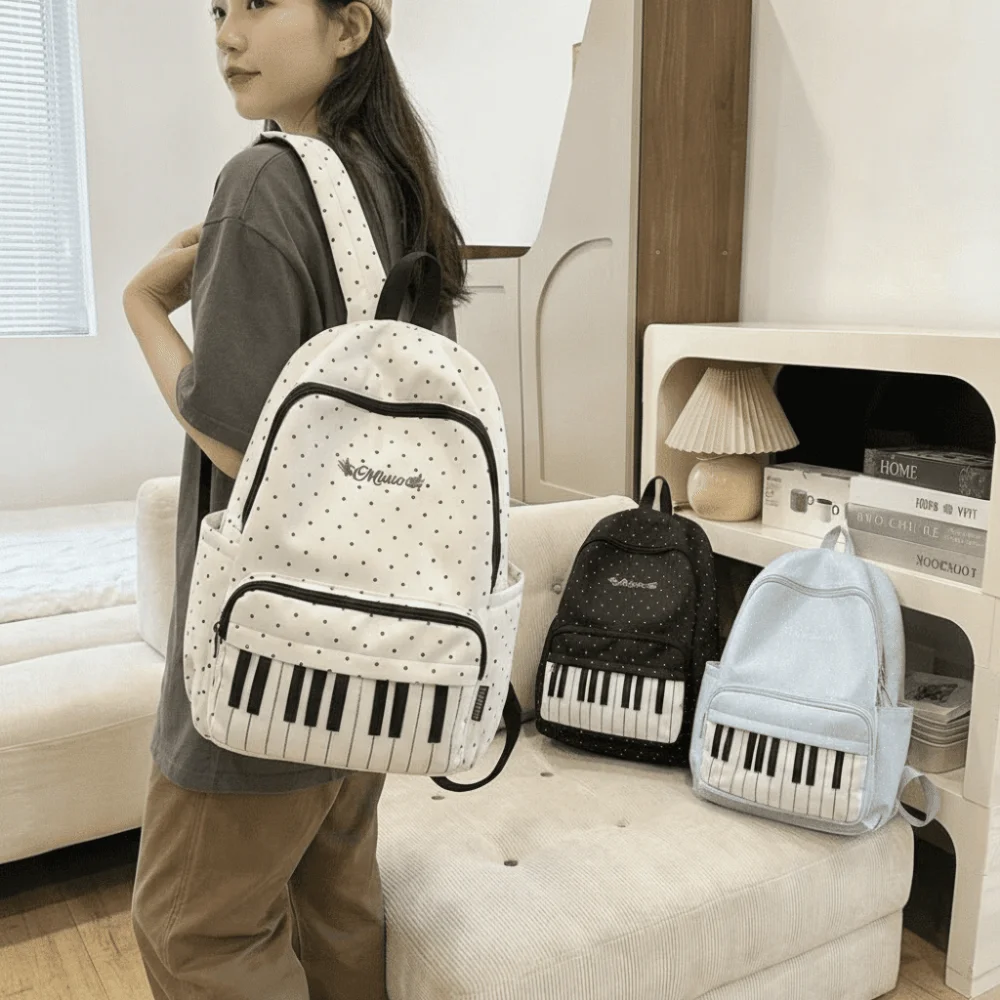 Trendy Nylon Polka Dot Print Backpack Preppy Style Color-blocked Large Capacity School Bag Cute Durable Piano Key Backpack Daily