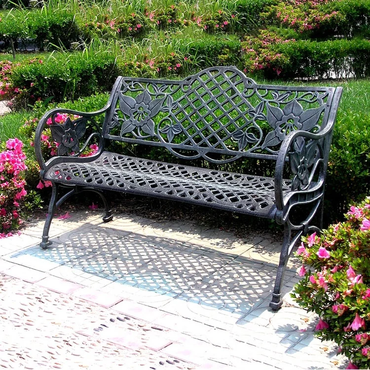 Bronze All Cast Aluminum Garden Bench Vintage Flower Pattern Style Patio Park Bench Chair 2 Seat Metal Bench