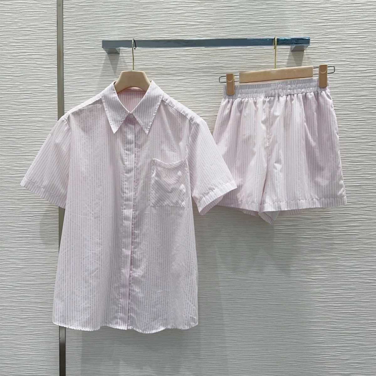 2026 High-Quality New Pink Striped Short Sleeve Shirt Set for Women Summer--hb720