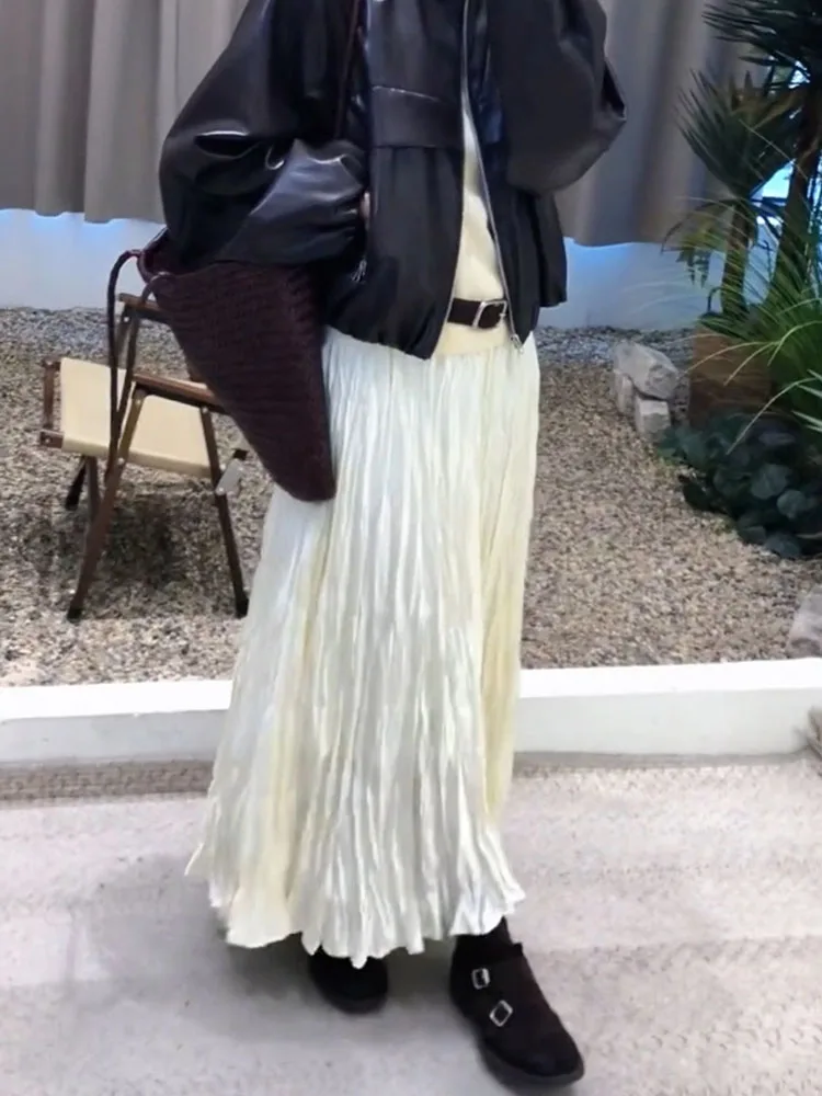 

Chic Pleated Design Gentle White Korean Style Half-length Skirt Spring New Sweet Long Dress Commute Style Rectangle Body Type