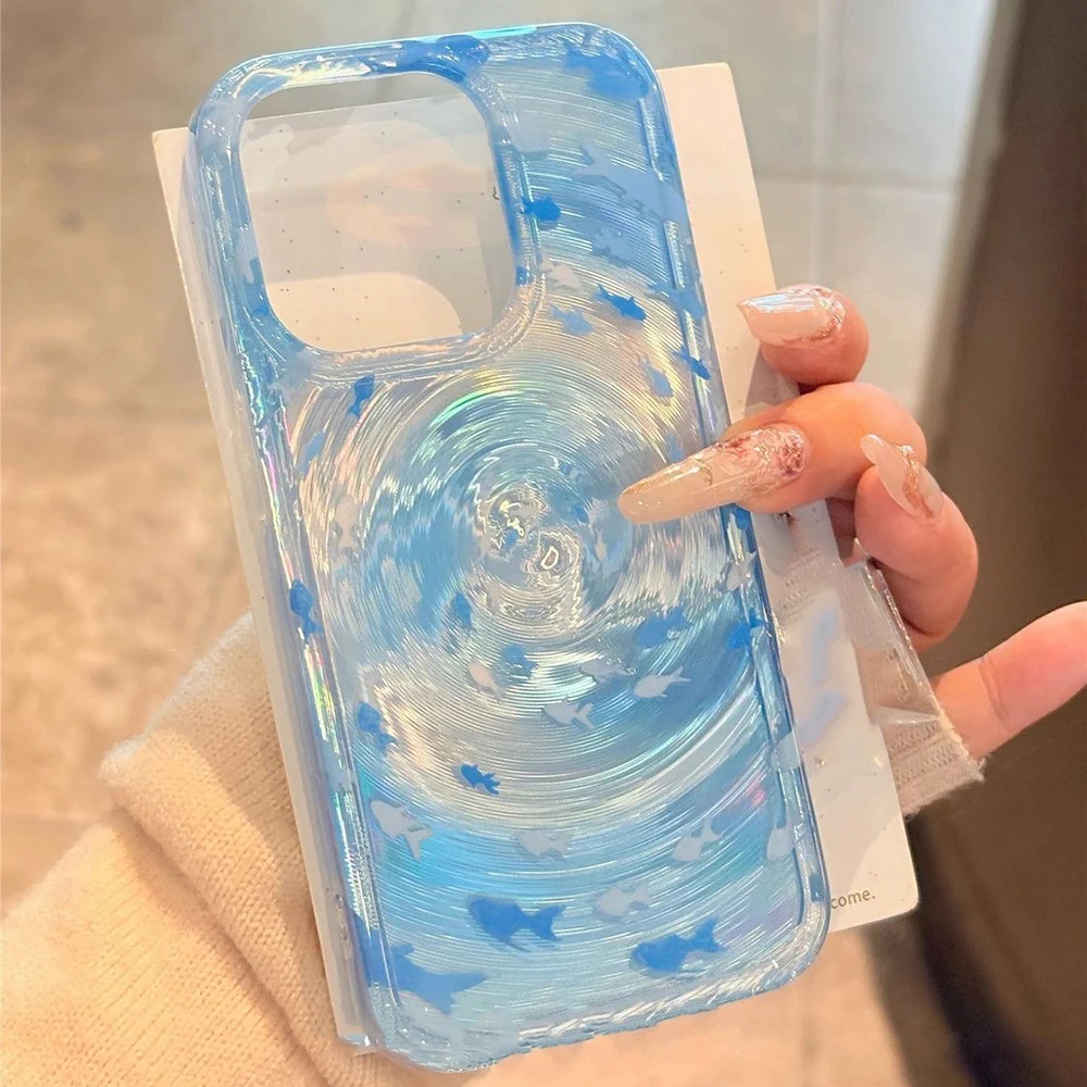 Silicone Laser Vortex Phone Case For iPhone 15 16 17 Pro Max 14 11 13 12 13promax 15promax Shockproof Fish Soft Funda Cover