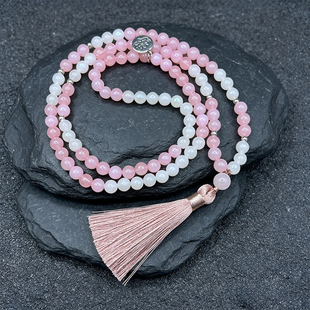 

8mmRose Quartz Moon Stone Beaded 108 Mala Necklace Meditation Yoga Jewelry Rosary for Women