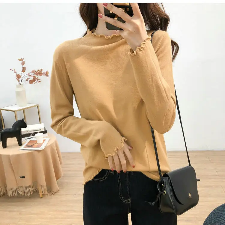 

Faionable Mid-Ne Knitwear Women's Base irt Autumn Winter New Sle Inner Wear Wood ain Base irt Slim Fit Sle