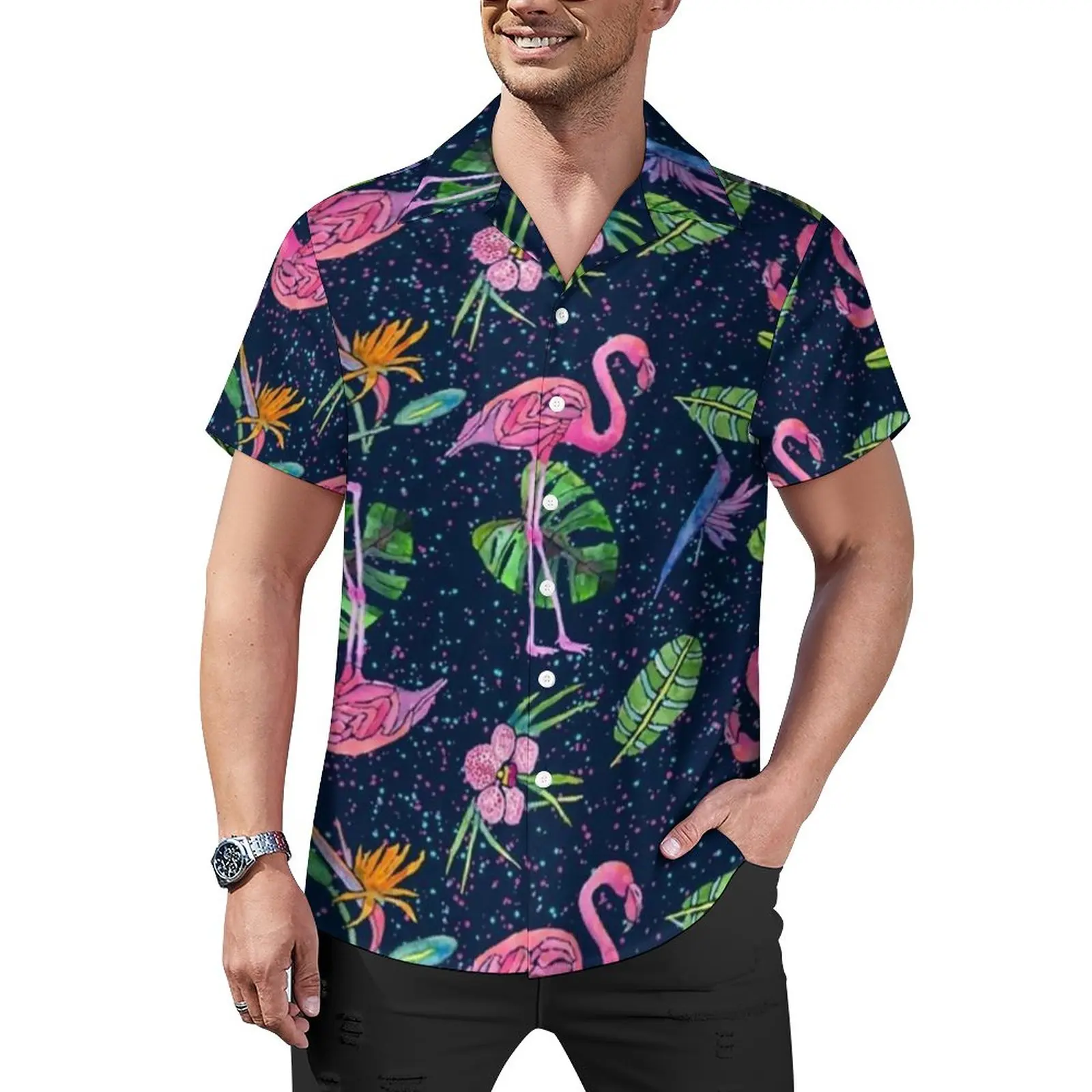 

Pink Birds Print Vacation Shirt Flamingo Party Hawaii Casual Shirts Men Novelty Blouses Short-Sleeved Printed Clothing Plus Size