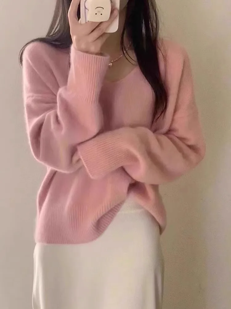 UMI MAO suave y acogedor azul pavo real con cuello en V ropa interior de punto para mujer suéter grueso suelto perezoso Jersey Top corto Tops de moda de otoño