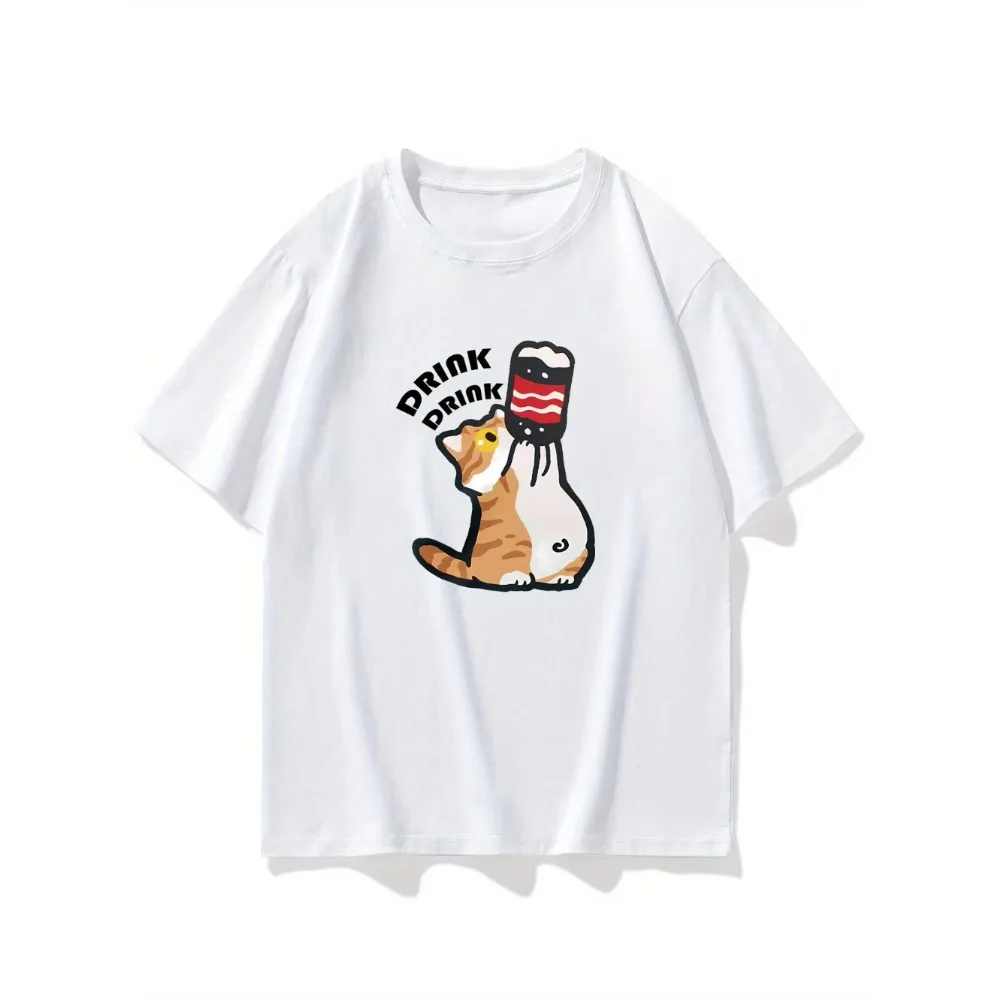 Funny Drink Drink Cat Graphic T-Shirt Women Men Retro Ginger Kitten Coffee Print Tee Harajuku Short Sleeve Casual Streetwear Top