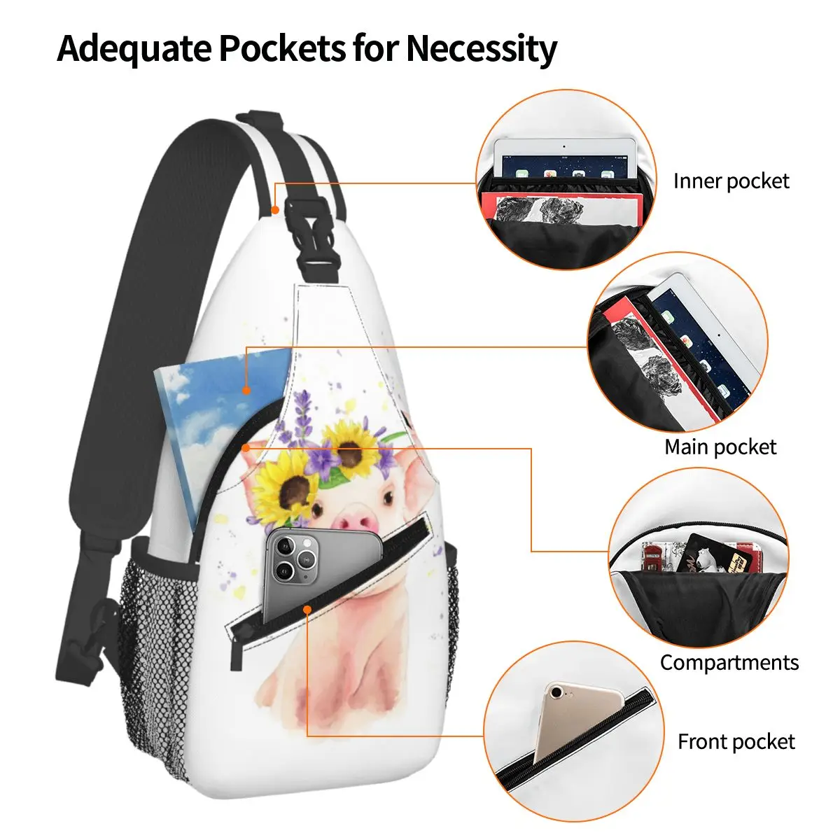 Funny Pig Surround By Sunflower Chest Bag Men Sling Crossbody Backpack Chest Bag Travel Hiking Daypack Shoulder Bag