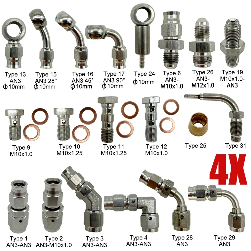 

4X нержавеющая сталь 3AN мотоцикл мотоцикл гидравлический тормозной масляный шланг линия банджо фитинг 3AN 10 мм 0/28/45/90 ° Адаптер тормозной магистрали
