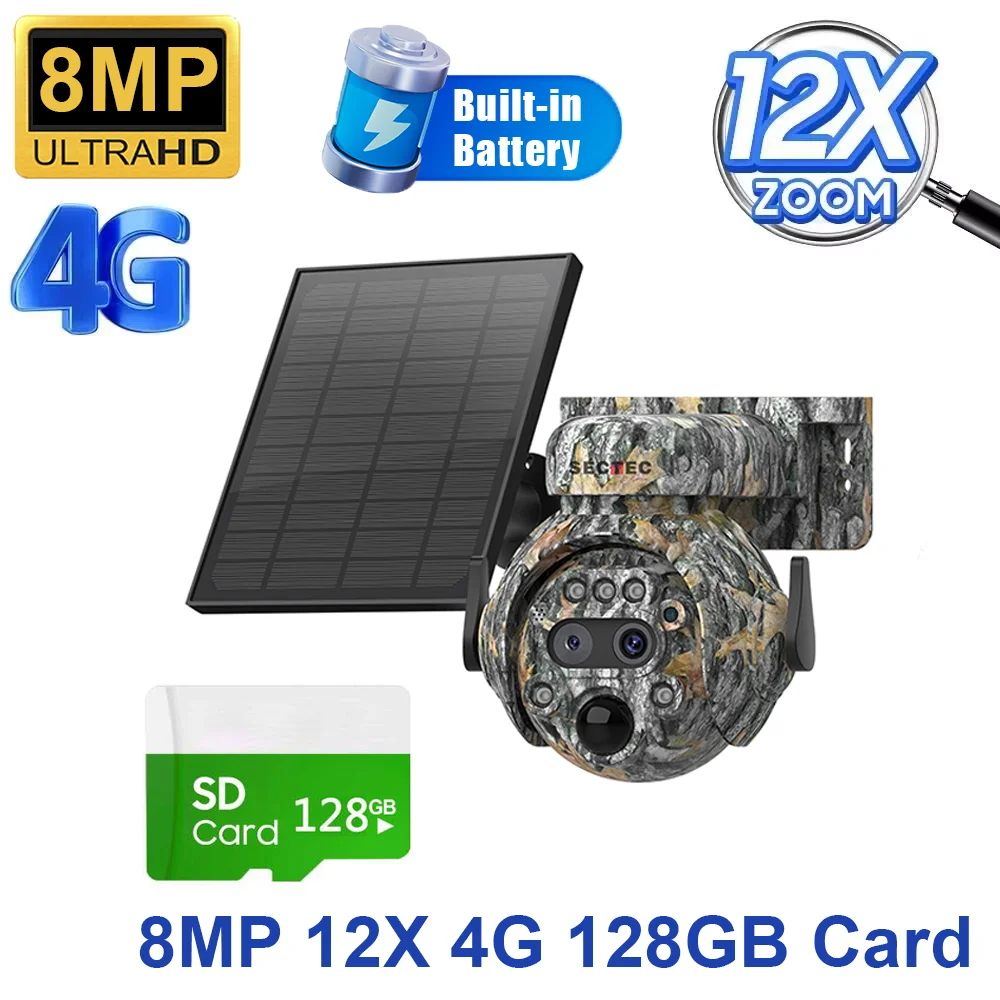 SECTEC 12X ZOOM 4K 8MP Solar Camera Dual lens 4G 360° View Camouflage Color Outdoor Hunting Camera 7800mAh Battery Ubox app image 3