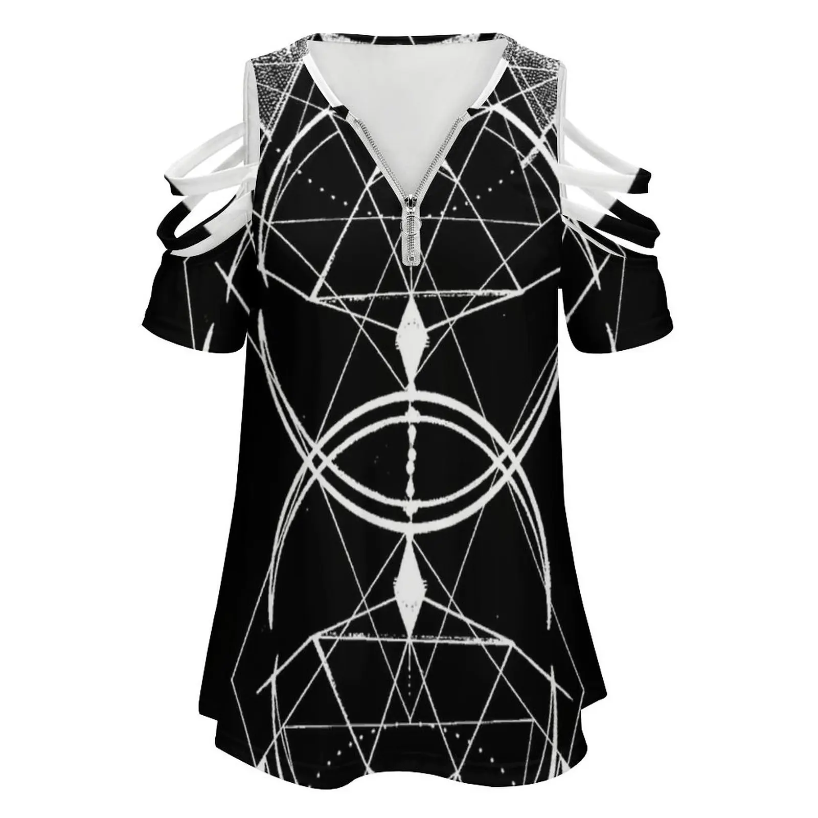 Geometric Crossover Women Zipper Sexy Printed Vintage T Shirts Tops Full Print T-Shirt Geometric Crossover Geometry Circles