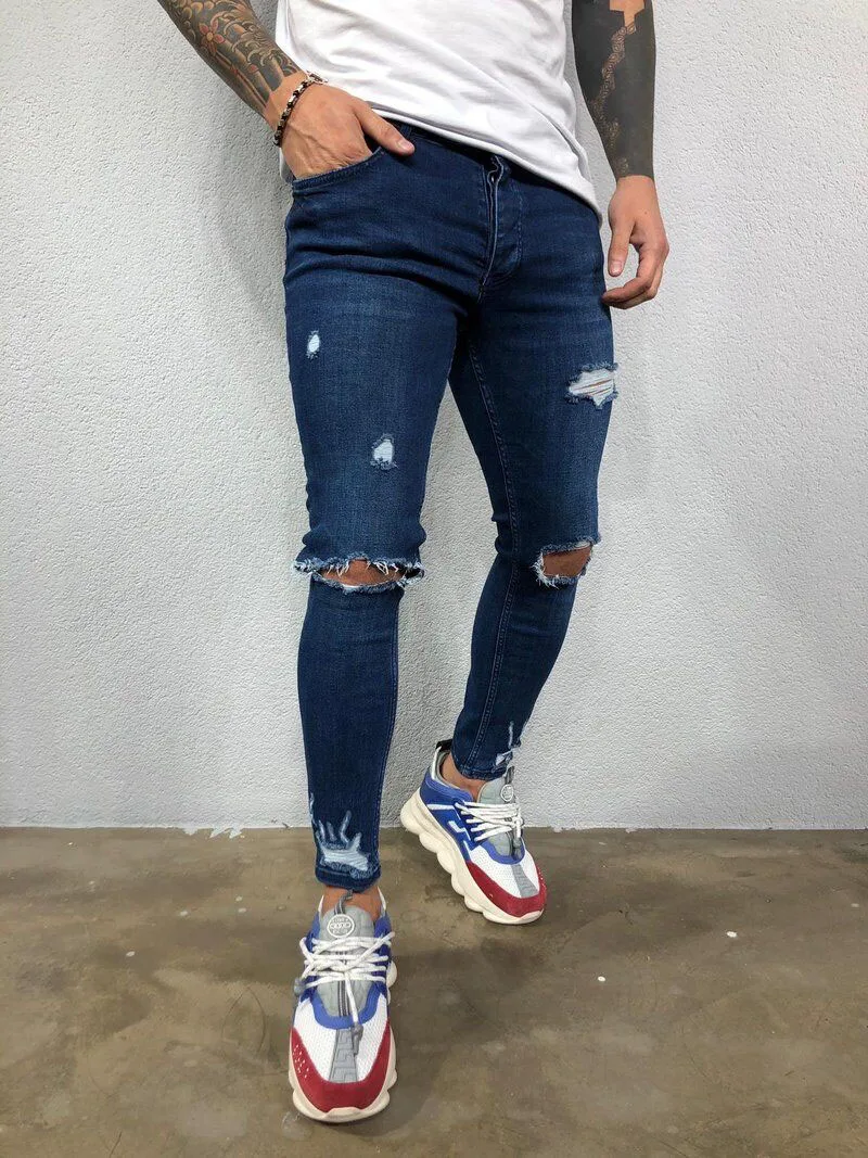 Mens Jeans Black Blue Cool Skinny Knee Hole Ripped Stretch Slim Elastic Denim Pants Solid Color High Street Style Trousers Man