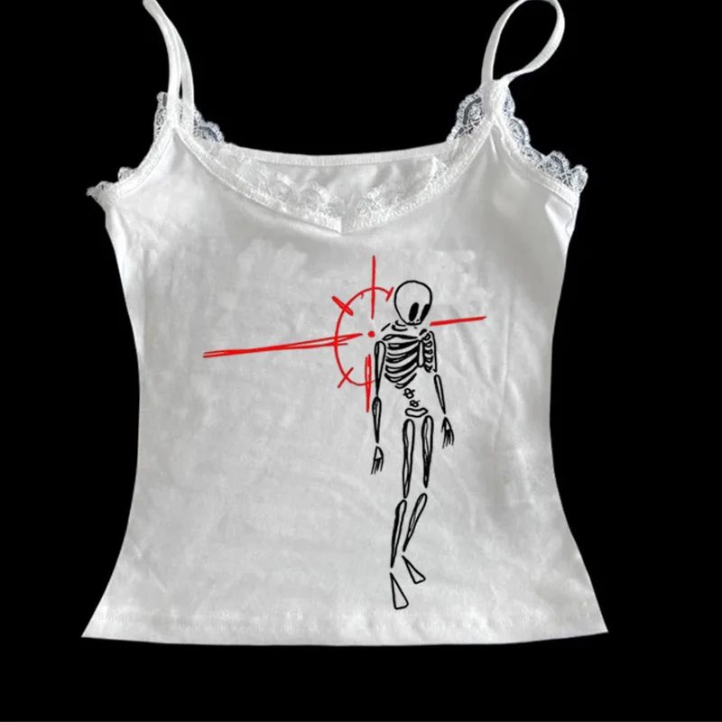 الصيف المرأة أزياء الشارع القوطية بروتيل أعلى رسمت باليد خمر الهيكل العظمي نمط المطبوعة سترة Y2k الملابس #1