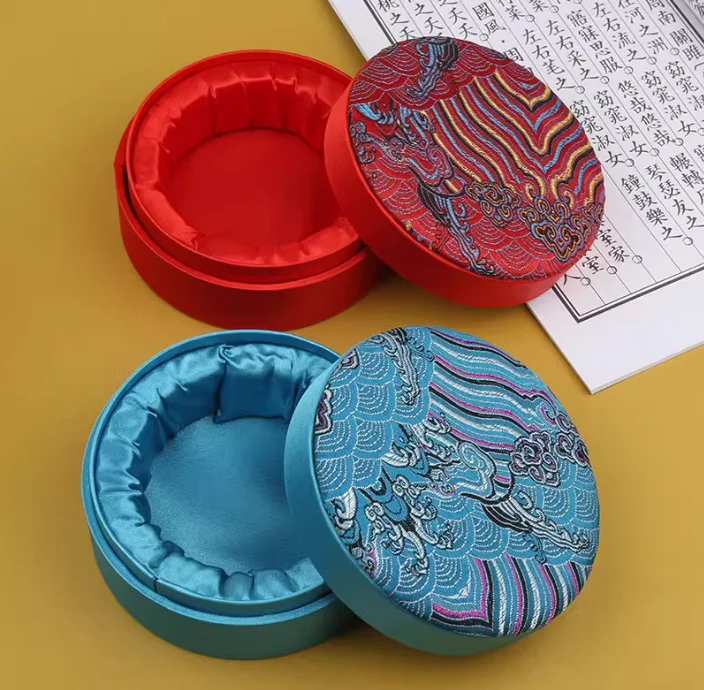 Vintage Silk Brocade Round Jewelry Boxes for Bangles Bracelets Storage, Chinese Style Fabric Jewellery Packaging Box with Cotton