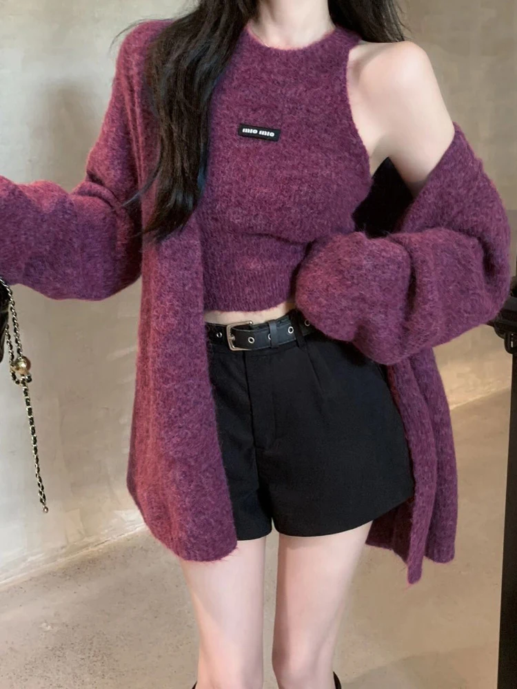 

Ladies' Lazy Sle Long Sweater Jaet Sexy Inner Wear Hanging Ne Vest Top Layered Cardigan Two-Piece Set Warm Knitted Clothes