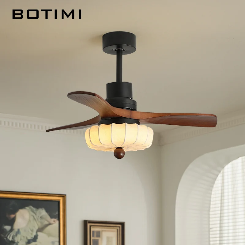 

BOTIMI 52 Inch Ceiling Fan With Lights For Foyer Cloth Lampshade Remote Control Reversal Bedroom Wooden Cooling Dining Fan Lamp