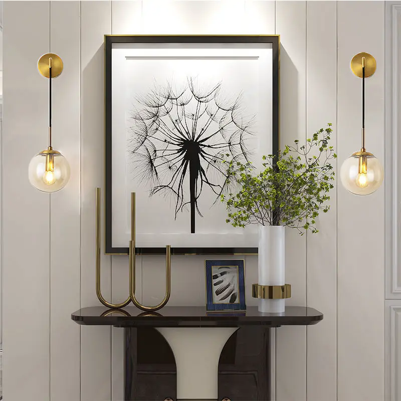 Nordic Brass Gold Ball Glass Wall Sconce Living Room Background Wall Lights Bedside Corridor Aisle Lighting Mirror Front Lamp