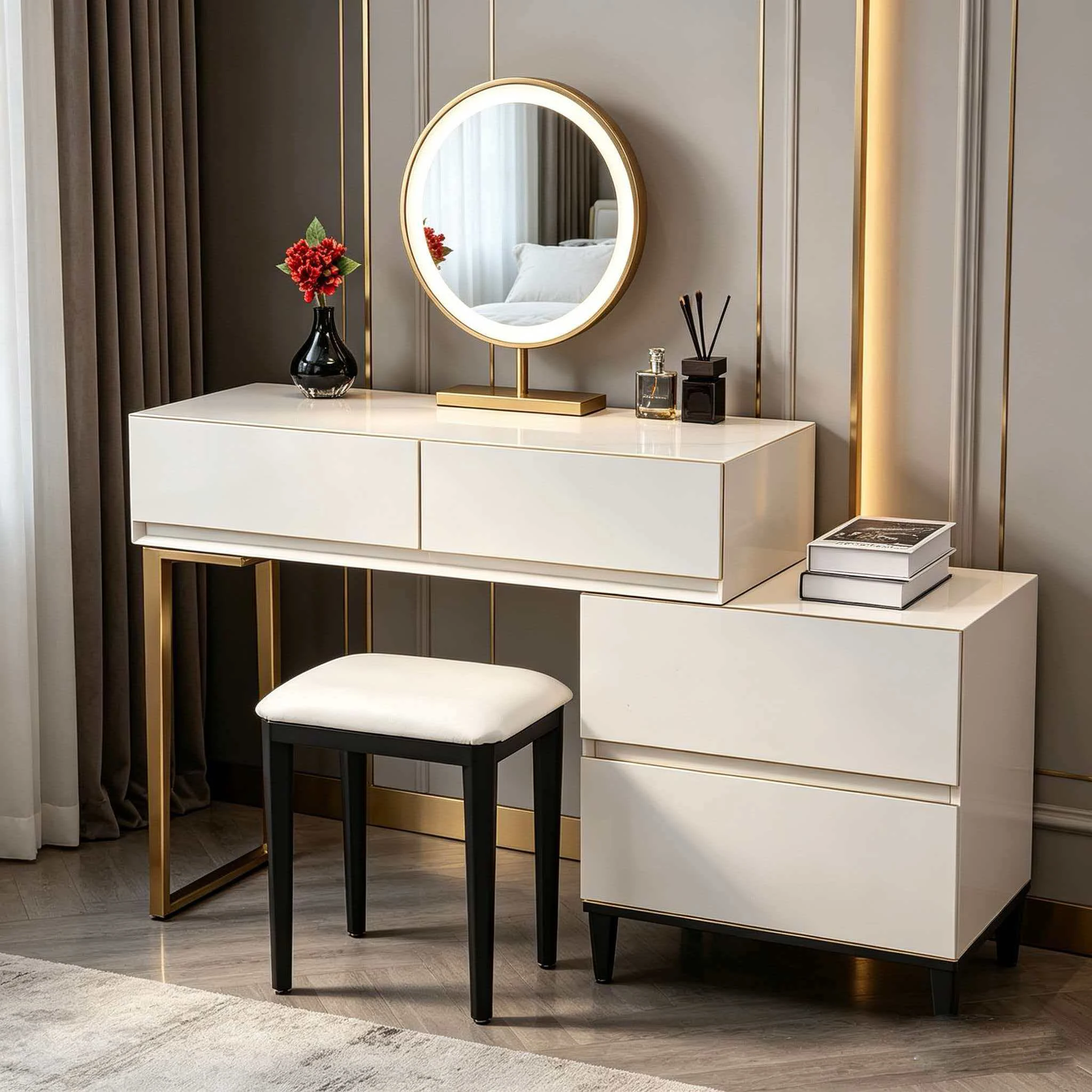 Modern Lighted Adjustable Extendable Panel Bedroom Vanity Makeup Dresser with Mirror Dressing Table MDF Glass Top