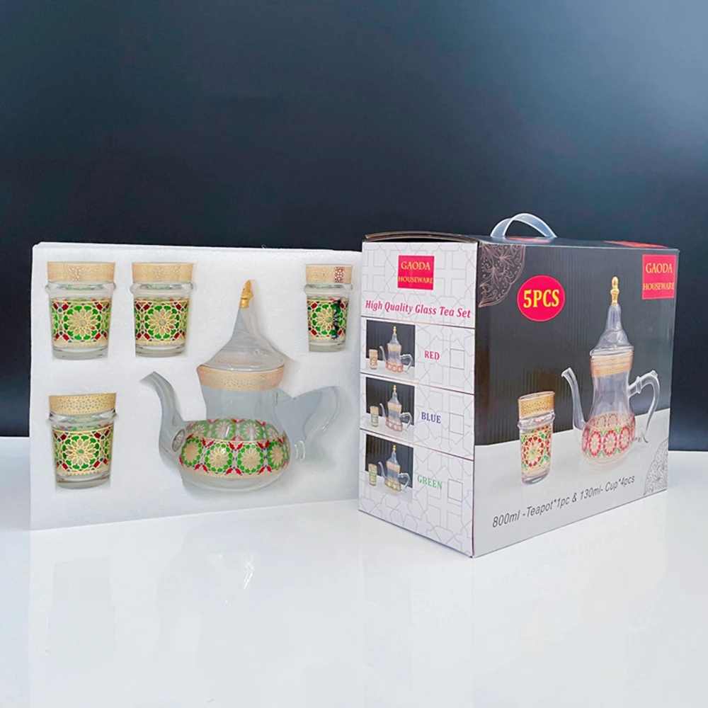 5-piece set, Middle Eastern style glass teapot tea cup, Light Luxury cold teapot glass gift box packaging set, Morocco gift set