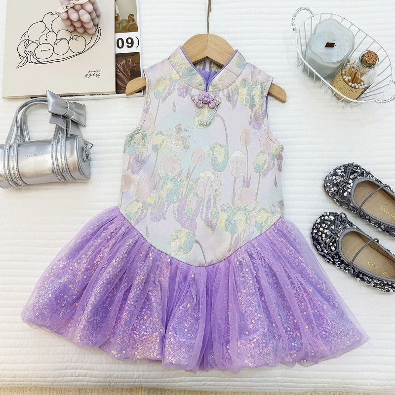 

2026 Summer New Cheongsam Buckle Collar Patchwork Sequin Mesh Dress for Children