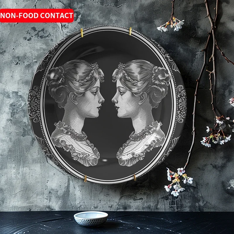 1pc Vintage Floral ladies faceplate - Black & White Art Decor Ceramic Wall plate, Non-Food Contact Decorative Accent for Living