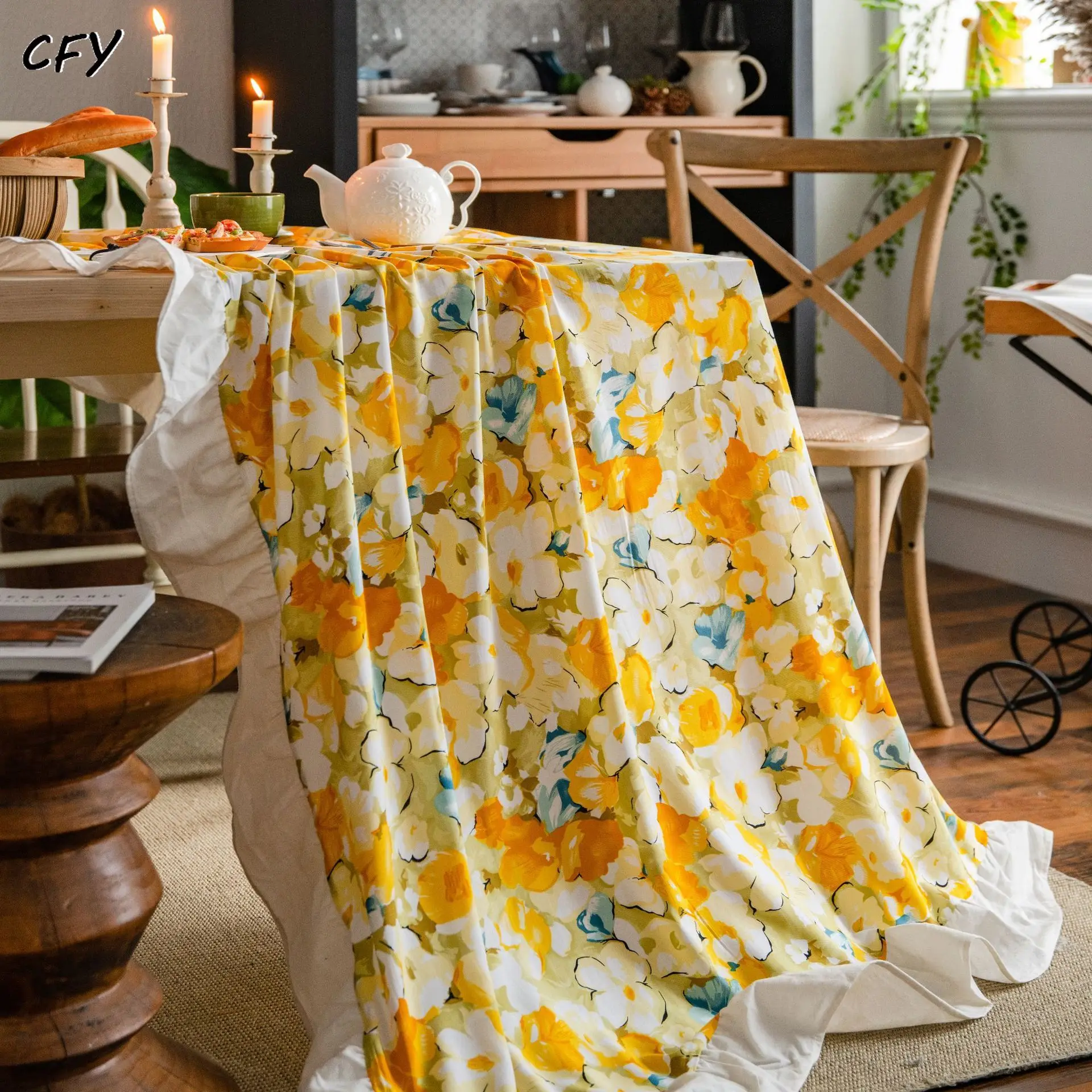 Cotton Linen Yellow Floral Print with Ruffled Edges Rectangular Tablecloth Tea Table Pad Meal Cloth Photo Background Cloth