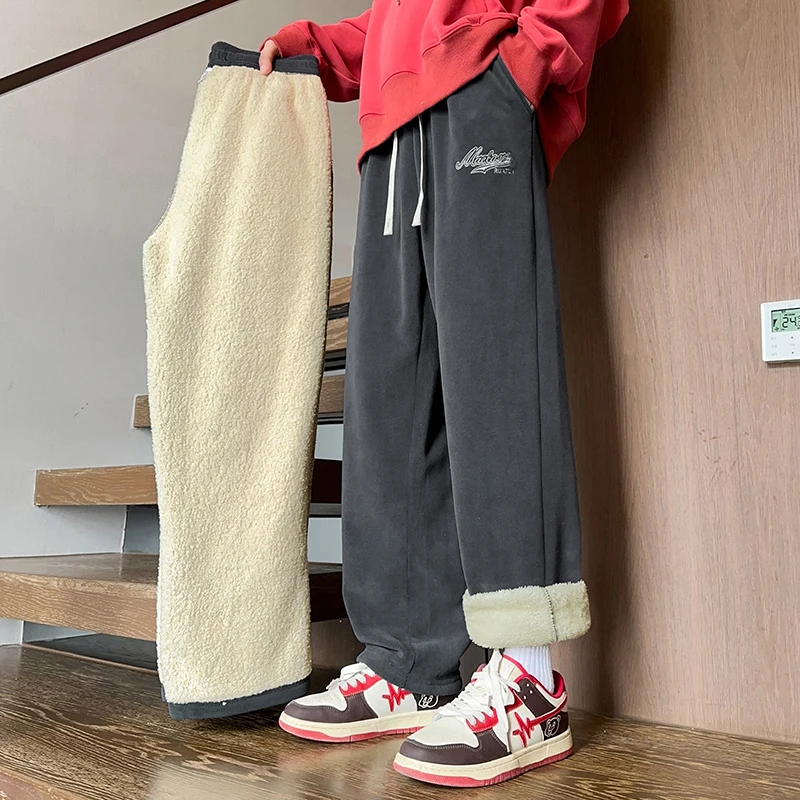 New Winter Fleece Outdoor Wide Leg Men Trousers Velvet Lining Sweatpants Neutral  Solid Color Baggy Thickened  Loose Cargo Pants