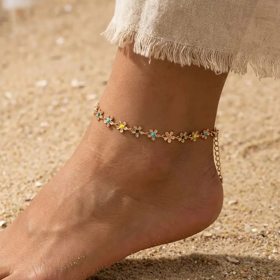 Elegant Enamel Flower Butterfly Anklet For Women Gold Plated Pink White Floral Bracelet On Leg Beach Barefoot Sandal Leg Jewelry