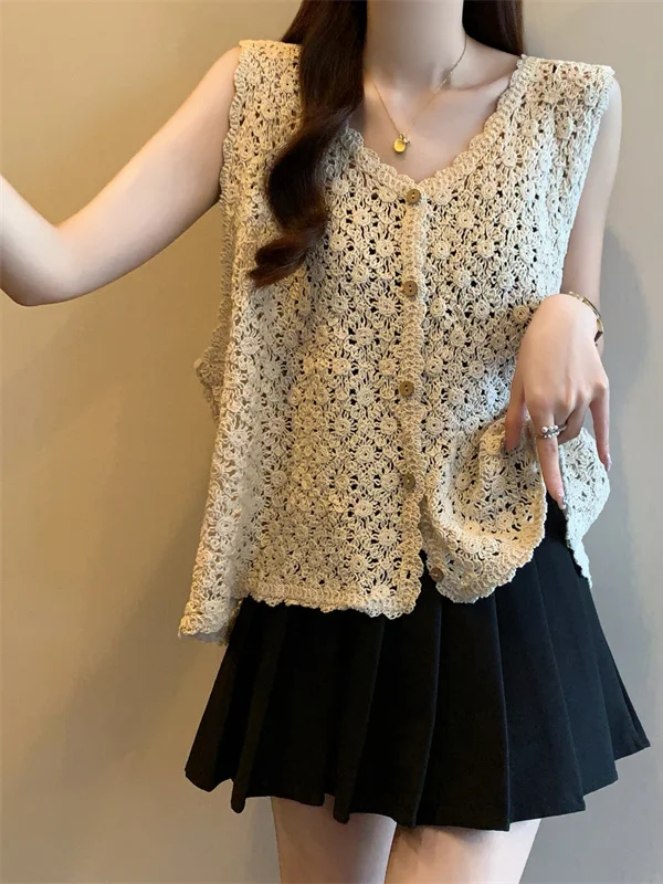 

Ele Knitted Hollow out Vest Top Women Summer Design Loose V-Ne Svel oulder Pad Tank Top Thin Commute Sle