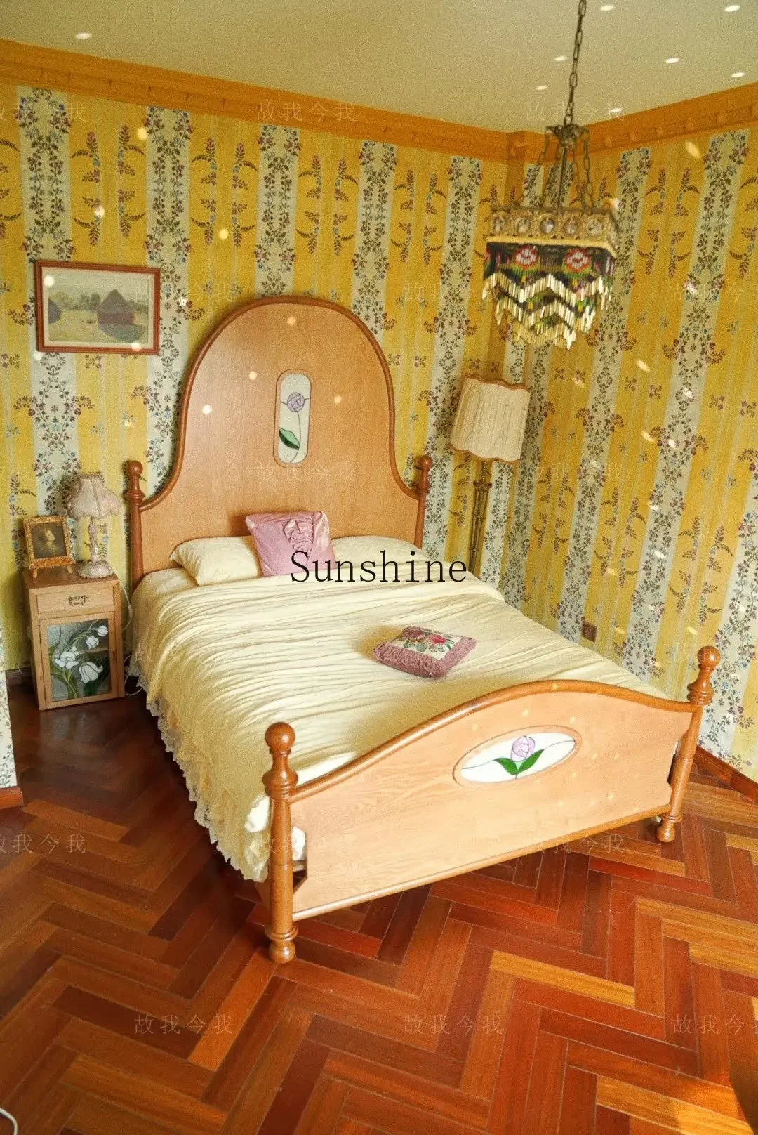 Double high back bed ash wood structure frame